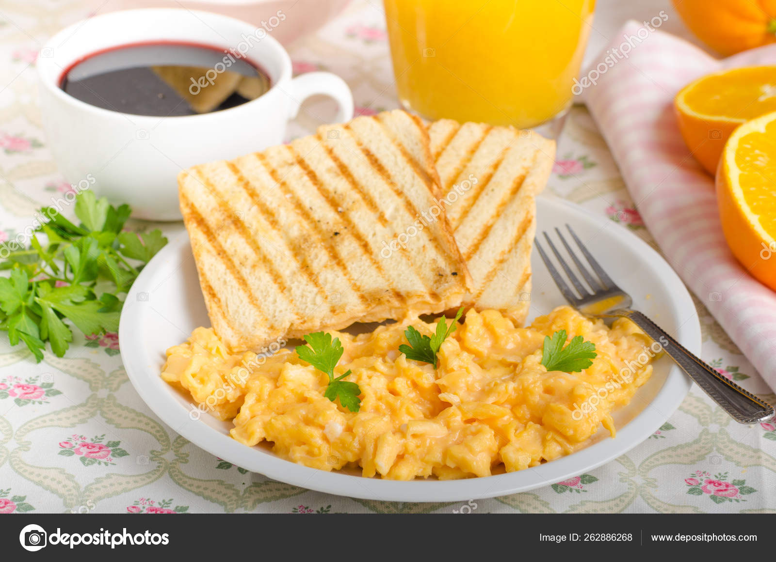 Breakfast Scrambled Eggs French Toast Fresh Juice Coffee Stock Photo Image By C Yayimages