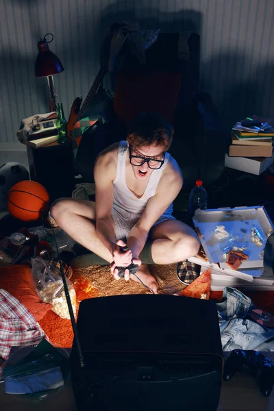 Excited Teen Plays Video Console Games His Television — Stock Photo, Image