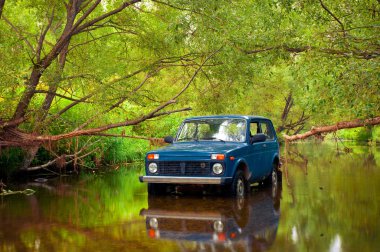 Blue car parked in water clipart