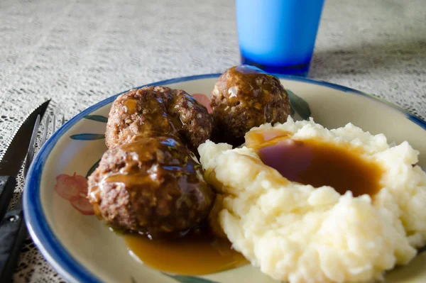 Purée Boulettes Viande Sauce — Photo