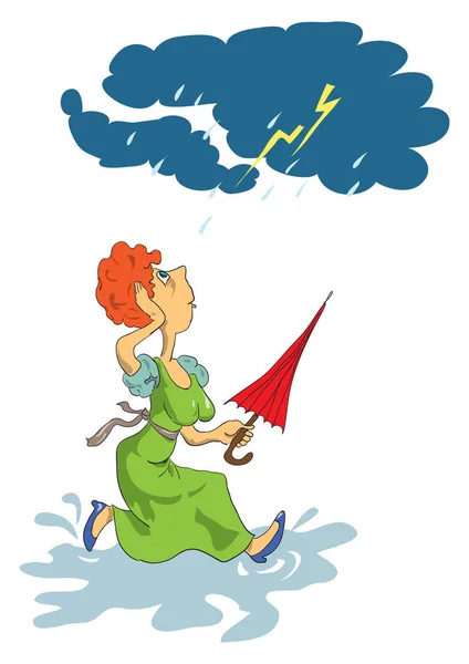 Loužích Běhá Žena Deštníkem Ruce Bouří Kreslenými Pohádkami — Stock fotografie