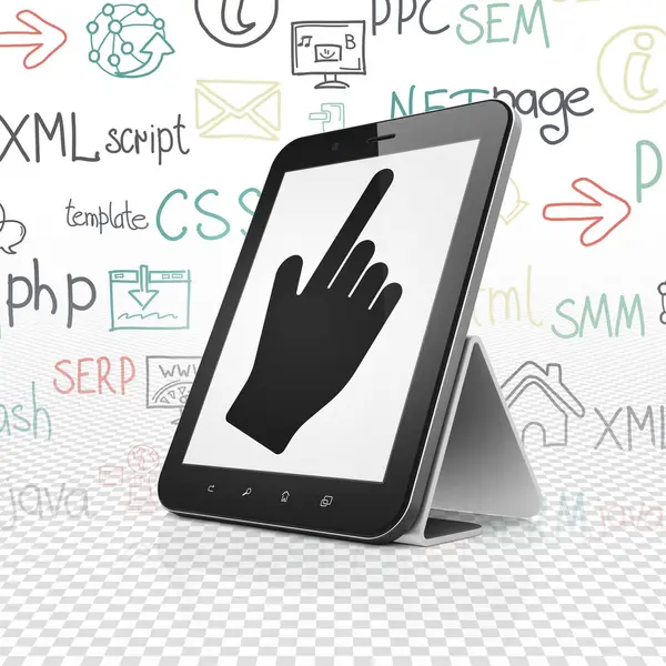 Web Development Concept Tablet Computer Black Mouse Cursor Icon Display — Stock Photo, Image