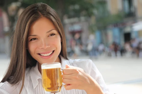 Woman Drinking Beer Sidewalk Cafe Beautiful Young Mixed Race Asian — Stock Photo, Image