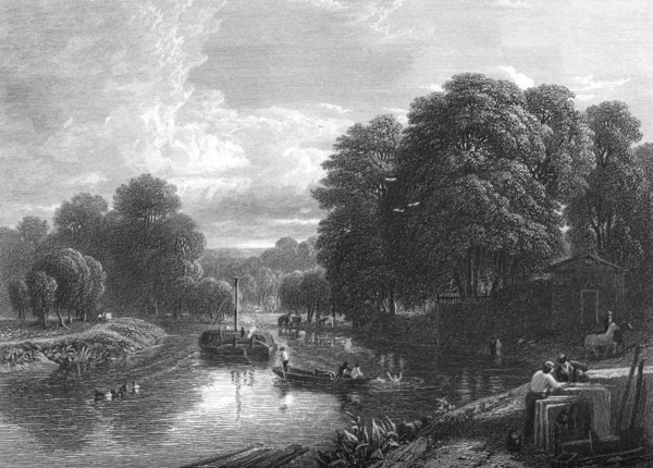 강에서 보트를 사람들의 1829년 윌리엄 밀러가 새겨진 노년의 미덕에 퍼블릭 — 스톡 사진