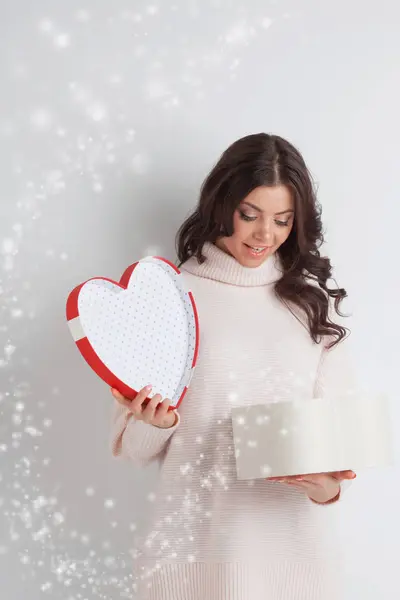 Woman Open Heart Shaped Box Valentines Day Love Concept — Stock Photo, Image