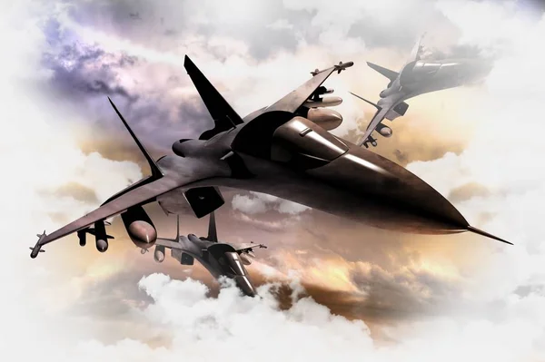 Drei Kampfflugzeuge Der Luftwaffe Aktion Darstellung Kampfjets Zwischen Wolken Militärische — Stockfoto