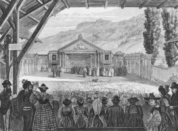 Századi Színház Oberammergau Passion Játék Gravírozás 1800 Megjelent Grafikai 1870 — Stock Fotó