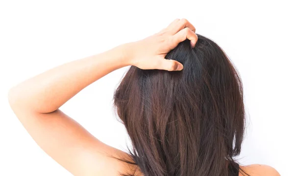 Closeup Woman Hand Itchy Scalp Hair Care Concept — Stock Photo, Image