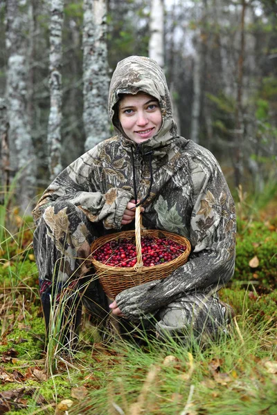 Young Woman Pick Cranberry Bog Young Woman Pick Cranberry Bog — Stock Photo, Image