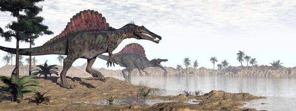 Δύο Δεινόσαυροι Ανοικτό Αυτοκίνητο Περπάτημα Στο Νερό Στην Έρημο Τοπίο — Φωτογραφία Αρχείου