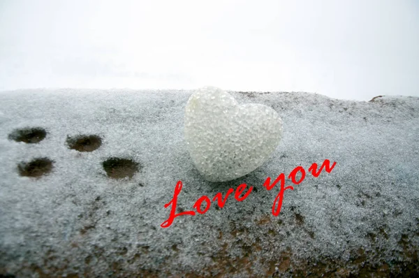 abstract glass heart on snow at night. Card for a Valentine\'s day. Forgive me, miss you love you words red or greyscale colored. selective focus. Foot paths on snow