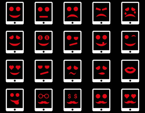 Emotion mobile tablet icons. Glyph set style is bicolor flat images, red and white symbols, isolated on a black background.