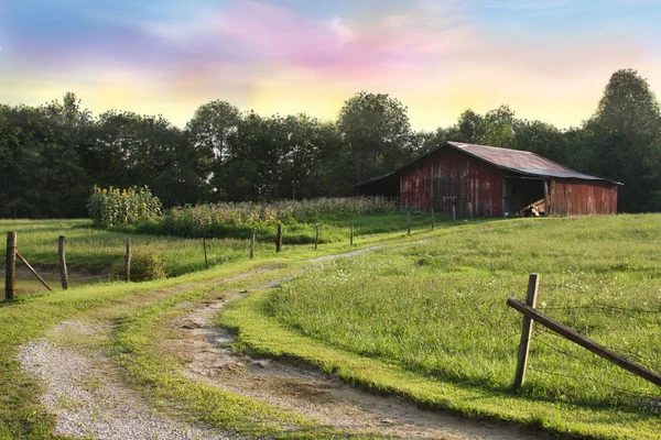 Country Landscape Red Barn Sunset Mixed Media Photo Illustration — Stock Photo, Image