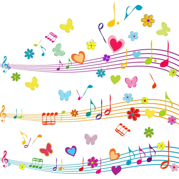 Diseño Musical Colorido Con Pentagrama Mariposas Corazones Flores —  Fotos de Stock