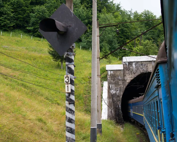 Passenger Train Going Tunnel Carpathian Mountains — Stock Photo, Image