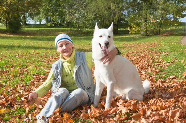 秋天公园里带着一只白狗的女人 — 图库照片