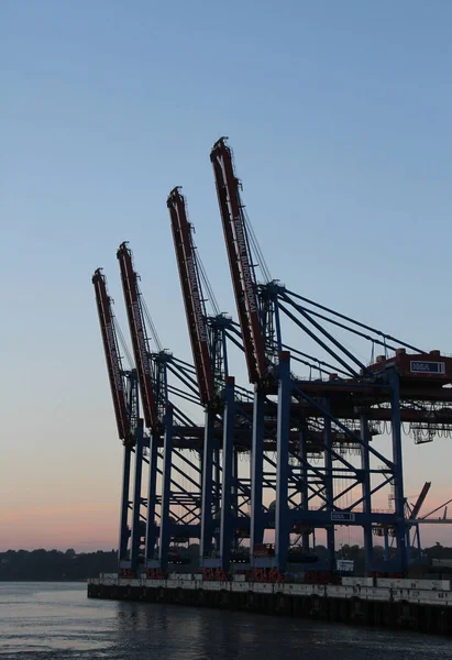 Kraner För Varaktig Lossing Containerskip Hamburg Havn — Stockfoto