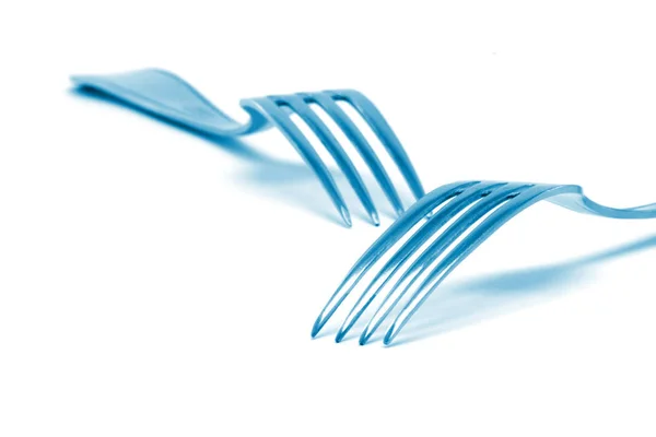 Dos Horquillas Color Azul Aisladas Conceptos Industria Alimentaria Fondo Blanco — Foto de Stock