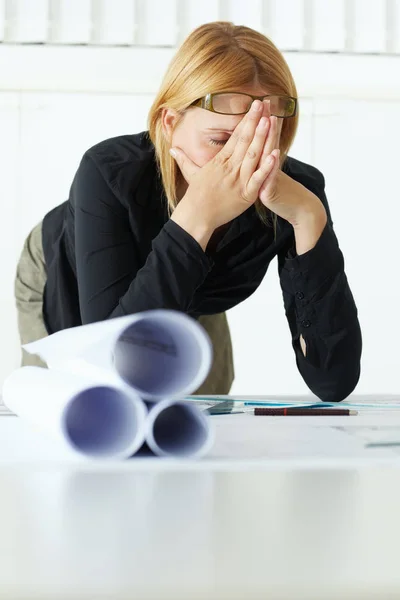 Mid Adult Architect Hands Face Having Headache Copy Space — Stock Photo, Image