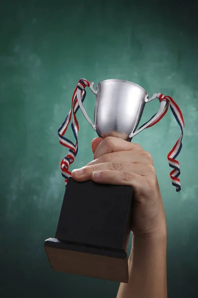 Mão Humana Segurando Troféu Prata — Fotografia de Stock