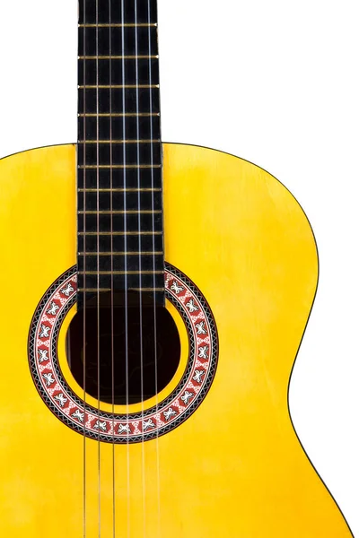 Vista Detallada Guitarra Acústica Clásica Madera Amarilla Aislada Sobre Fondo —  Fotos de Stock