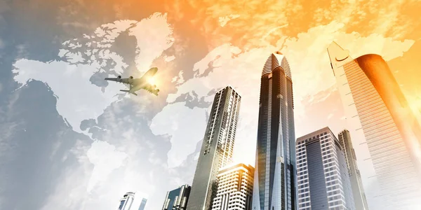 Avión Volando Sobre Rascacielos Concepto Viaje Empresarial — Foto de Stock
