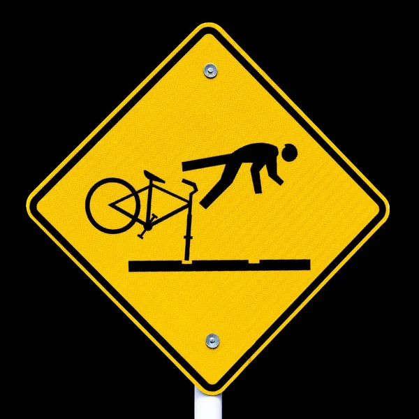 危险的电车路标志警告骑自行车者跟踪隔离上黑色背景 — 图库照片
