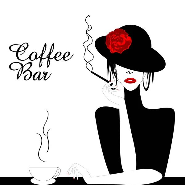 Coffee Bar Illustration with woman smoking cigarette and drinking coffee