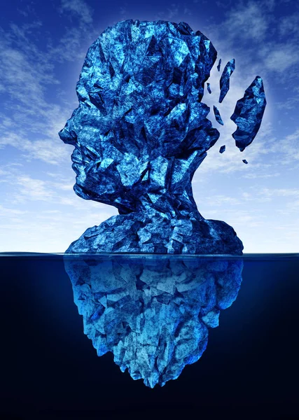 Memory loss due to Dementia and Alzheimer\'s disease with the medical icon of a frozen glacier iceberg in the shape of a human head and brain losing pieces of ice as thoughts and mind function.