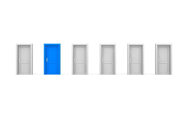 Linha Seis Portas Cinco Portas Cinzentas Uma Porta Azul Porta — Fotografia de Stock