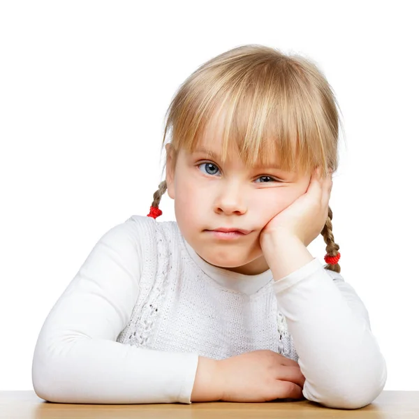 Portrait Unhappy Little Girl Sitting Desk Hand Chin — Stock Photo, Image