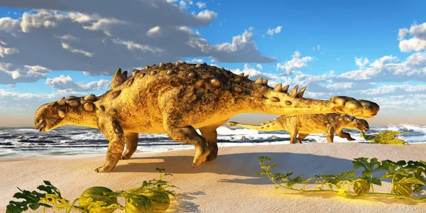 Los Dinosaurios Euoplocephalus Descienden Una Playa Oceánica Para Comer Melones — Foto de Stock