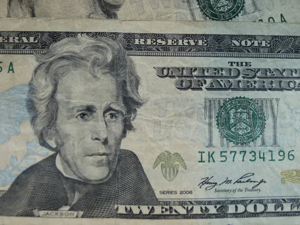 Μας Δολάριο Τραπεζογραμματίων Είκοσι Δολάριο Νομοσχέδιο Που Χαρακτηρίζει Προέδρου Andrew — Φωτογραφία Αρχείου