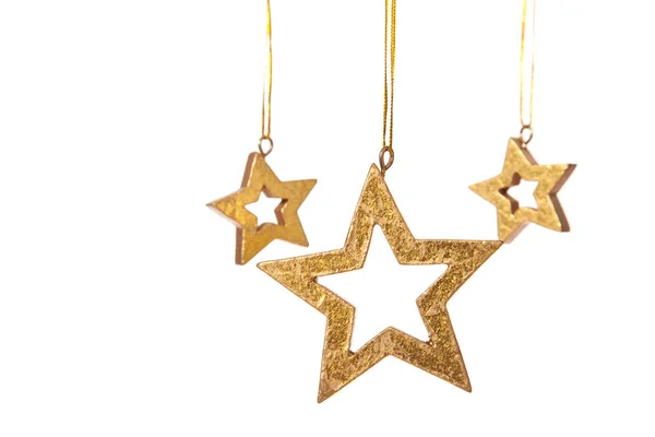 Tre Dekorativa Gyllene Stjärnor Isolerad Vit Bakgrund — Stockfoto