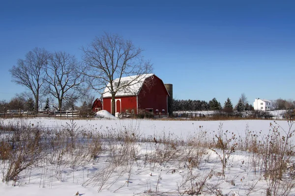 Granero Rojo Brillante Día Invierno Michigan — Foto de Stock