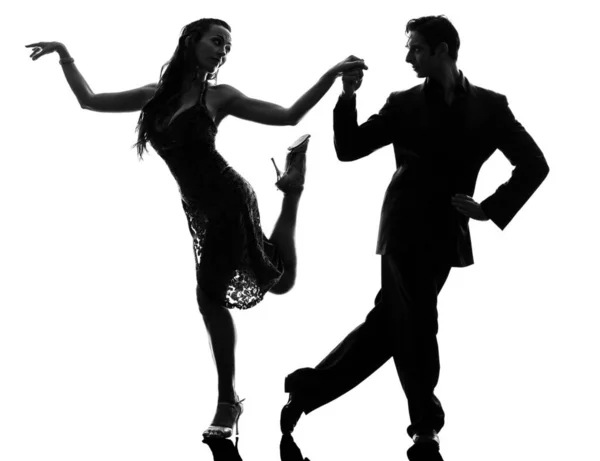 Één Kaukasische Paar Man Vrouw Ballroom Dansers Tangoing Silhouet Studio — Stockfoto