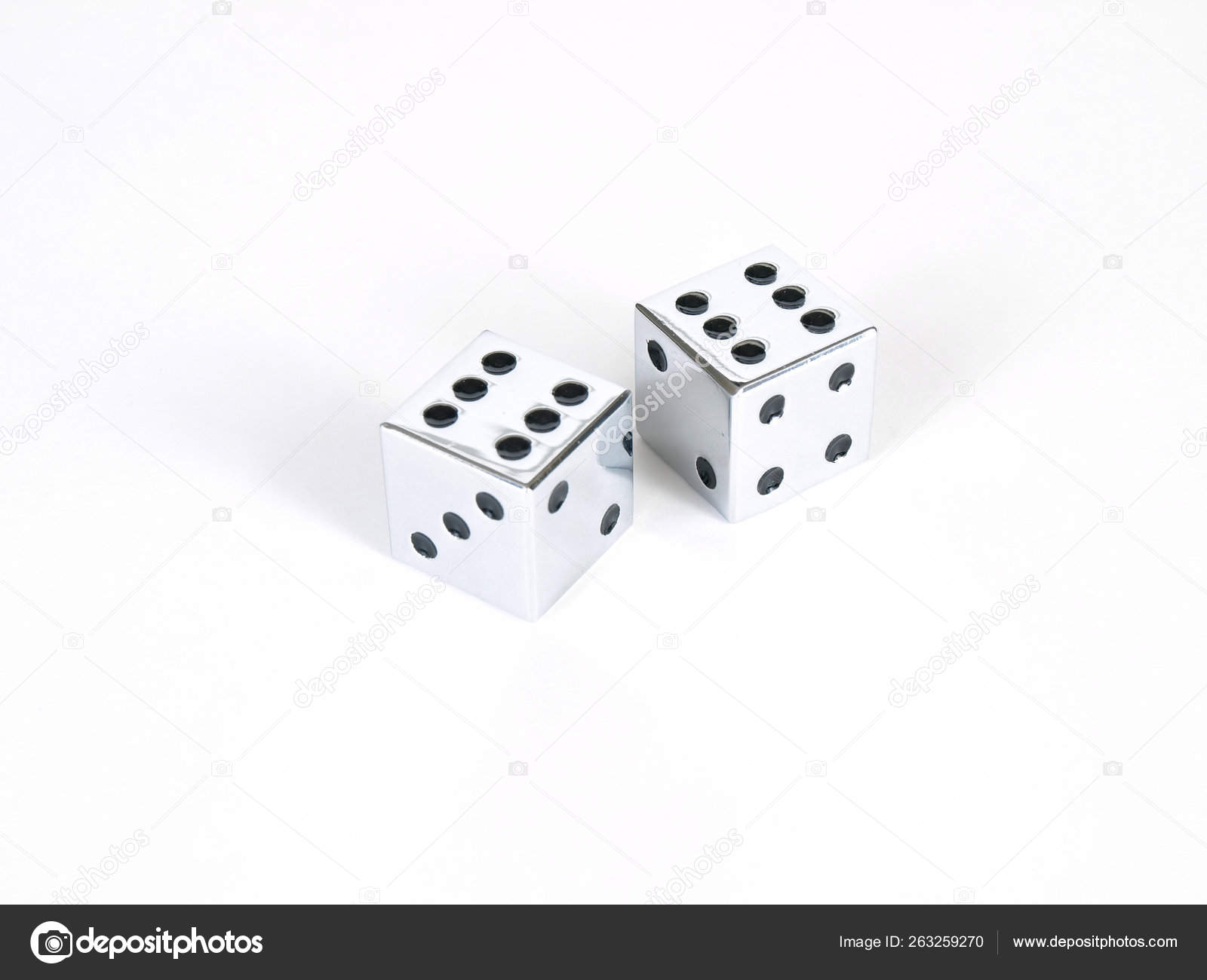 Pair Silver Dice Showing Double Sixes Boxcars White Background Stock