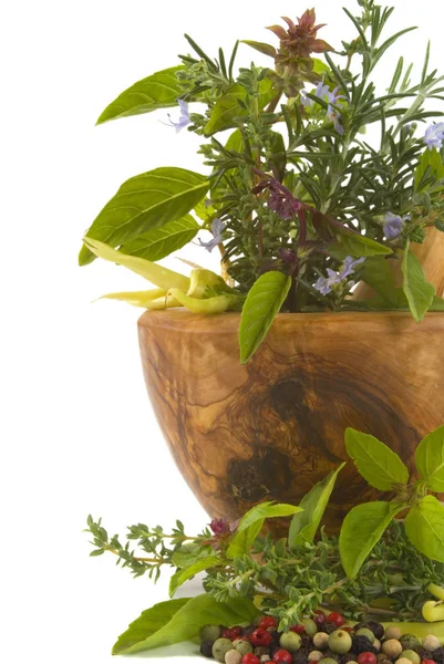 Gyógyító Fűszernövények Fűszerek Ehető Virágok Kézzel Olajfa Mozsár — Stock Fotó