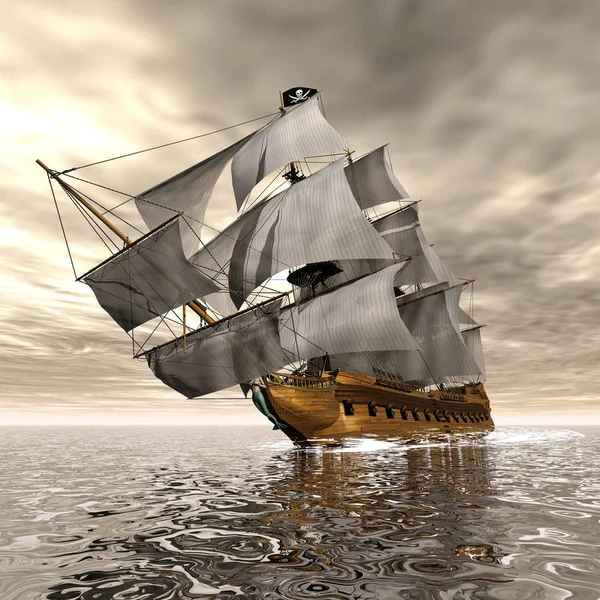 Hermoso Barco Pirata Detallado Flotando Océano Por Atardecer Nublado Render — Foto de Stock
