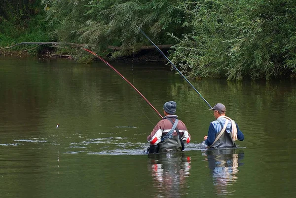 Two fishermen stand in the river and fish