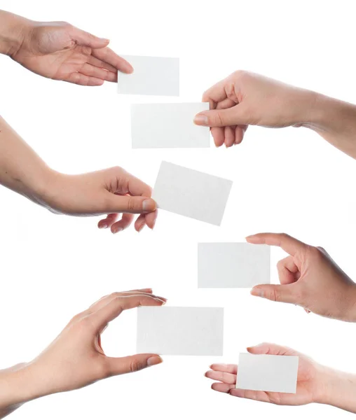 Set Hands Holding Empty Business Cards White — Stock Photo, Image