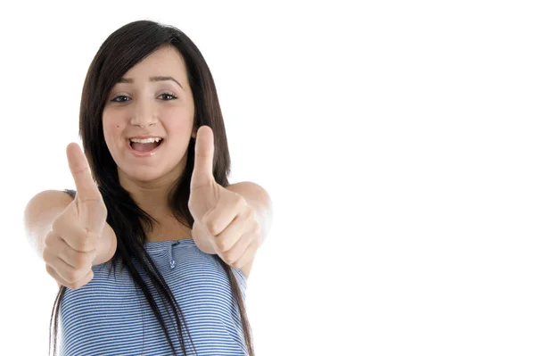 Щасливий Підліток Показує Великі Пальці Вгору Обома Руками Ізольованому Білому — стокове фото