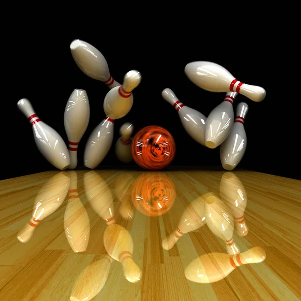 Orange Boll Slår Fysiskt Korrekt Simulering Virvlande Strike Bowling Med — Stockfoto