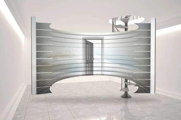 Открытая Дверь Облаках Абстрактном Экране Против Цифрового Пространства Извилистой Лестницей — стоковое фото