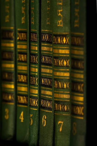 Livro Verde Dourado Prateleira — Fotografia de Stock