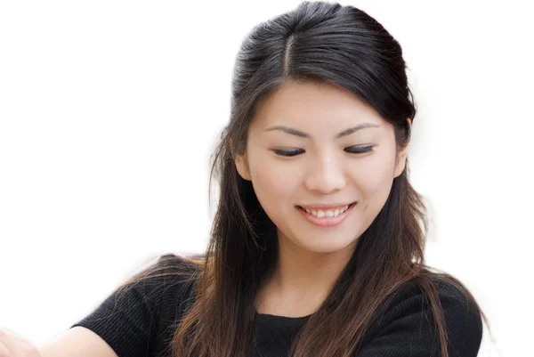 Usměje Žena Asijského Portrétu Bílém Pozadí — Stock fotografie