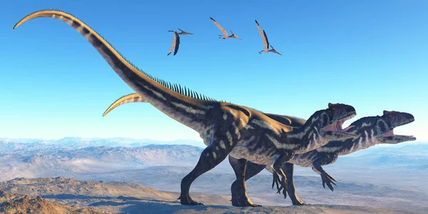 Pterosarus Izlemek Gibi Yüksek Bir Dağın Üzerinde Bir Iki Allosaurus — Stok fotoğraf