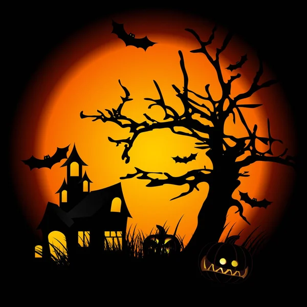 Noche Halloween Con Calabaza Murciélago Hierba Casa Caza Fondo — Foto de Stock
