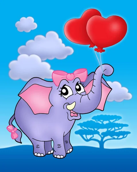 Ilustración Color Elefante Niña Con Globos Corazón Cielo Azul — Foto de Stock