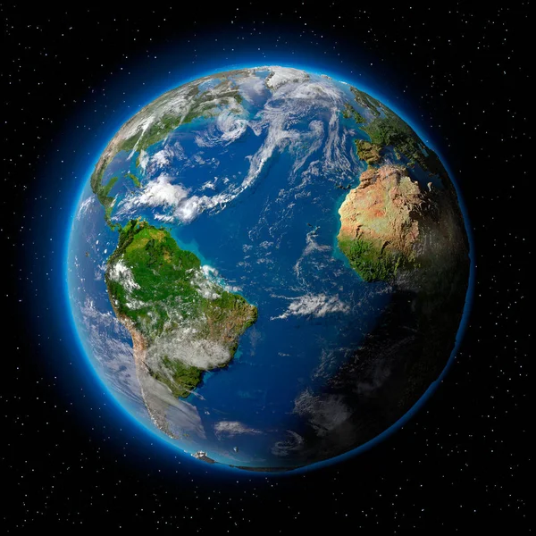 Planeta Terra Com Água Translúcida Dos Oceanos Atmosfera Nuvens Volumétricas — Fotografia de Stock